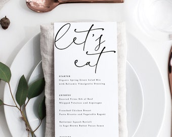 Let's Eat Minimalist Wedding Menu Template, Modern Wedding Menu,Let's Eat Menu Template Wedding Blush Floral Editable Instant Download #M1 G