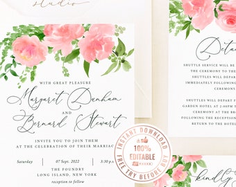 Floral Peony Wedding Invitation Template, Instant Download Floral Template, Printable Wedding Invitation Greenery Wedding Invitation #A004 G