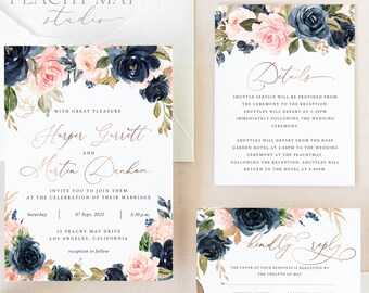 Faux Rose Gold Wedding Invitation Template, Instant Download Floral Template,Printable Invite, Details, RSVP Navy Wedding Invitation #A021 G