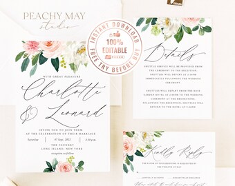 Floral Peony Wedding Invitation Template, Instant Download Floral Template, Printable Wedding Invitation Greenery Wedding Invitation #001A G