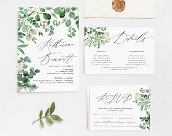Eucalyptus Greenery Wedding Invitation Template Set, Printable Wedding Invitation Suite Watercolor Greenery Wreath Instant Download  #A041 G