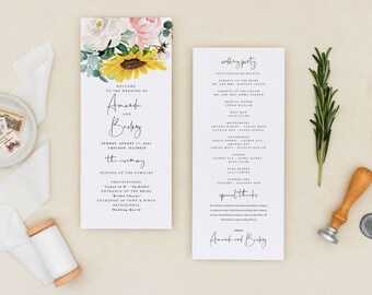 Sunflower Wedding Program Instant Download Ceremony Program, Wedding Program Template Printable Floral Wedding Program Modern wedding #P061G