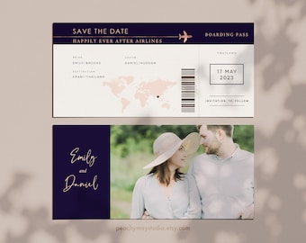 Destination Wedding Boarding Pass Save the Date Invitation Template,Modern Save the Date Template, Engagement Photo Save the Date SAV054 G