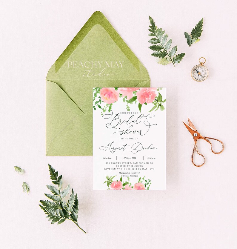 Bridal Shower Invitation Template, Instant Download Floral Template, Greenery & Blush Florals, Greenery Bridal Shower Invitation 004 G image 1