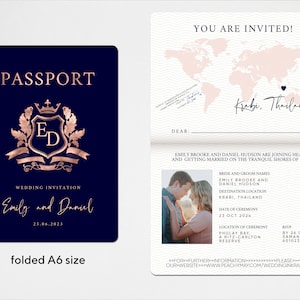 Pass-Hochzeitseinladungs-Vorlage-Reihe, Faux Rose Gold Passport-Hochzeitseinladung, moderne minimalistische Ziel-Einladungs-Vorlage A054 G Bild 3