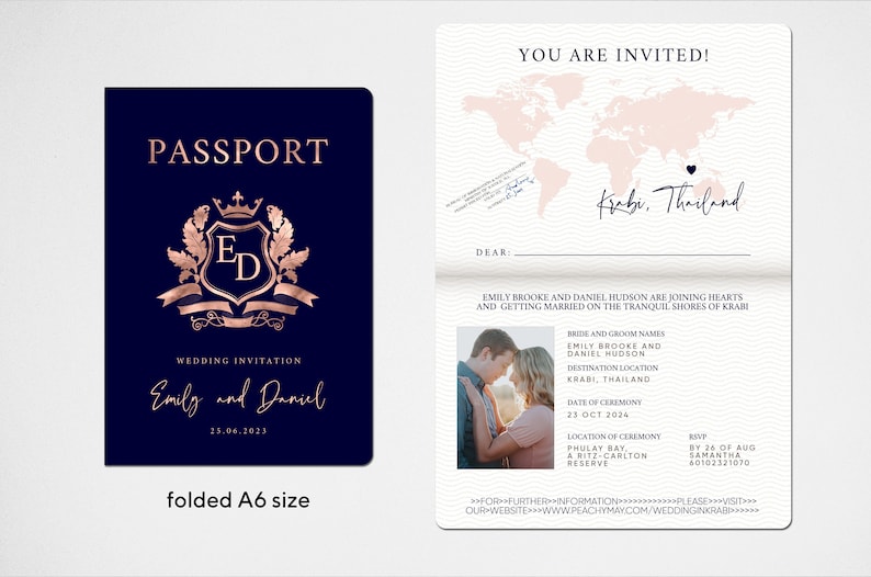 Pass-Hochzeitseinladungs-Vorlage-Reihe, Faux Rose Gold Passport-Hochzeitseinladung, moderne minimalistische Ziel-Einladungs-Vorlage A054 G Bild 3