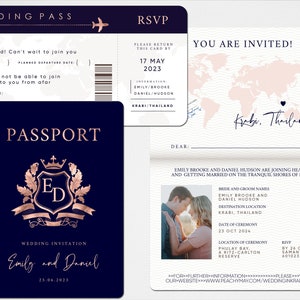 Pass-Hochzeitseinladungs-Vorlage-Reihe, Faux Rose Gold Passport-Hochzeitseinladung, moderne minimalistische Ziel-Einladungs-Vorlage A054 G Bild 2