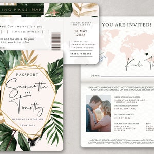 Tropical Passport Wedding Invitation Template Suite, Beach Passport Wedding Invite, Modern Minimalist Destination Invitation Template A056 G