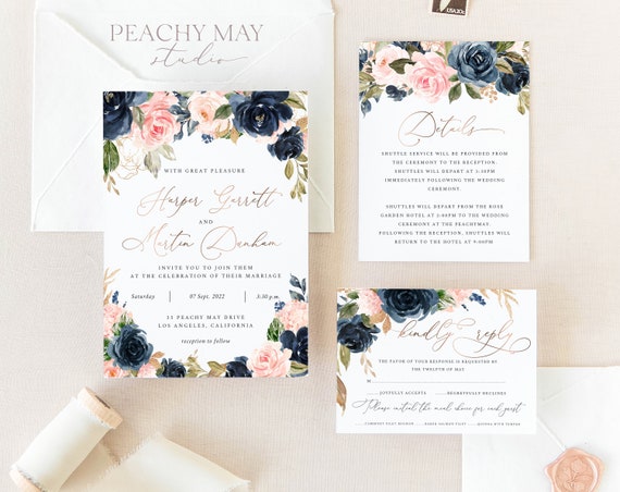 Faux Rose Gold Wedding Invitation Template Details RSVP Navy Wedding Invitation #A019 G Instant Download Floral Template,Printable Invite