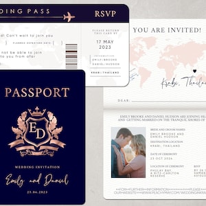 Pass-Hochzeitseinladungs-Vorlage-Reihe, Faux Rose Gold Passport-Hochzeitseinladung, moderne minimalistische Ziel-Einladungs-Vorlage A054 G Bild 1