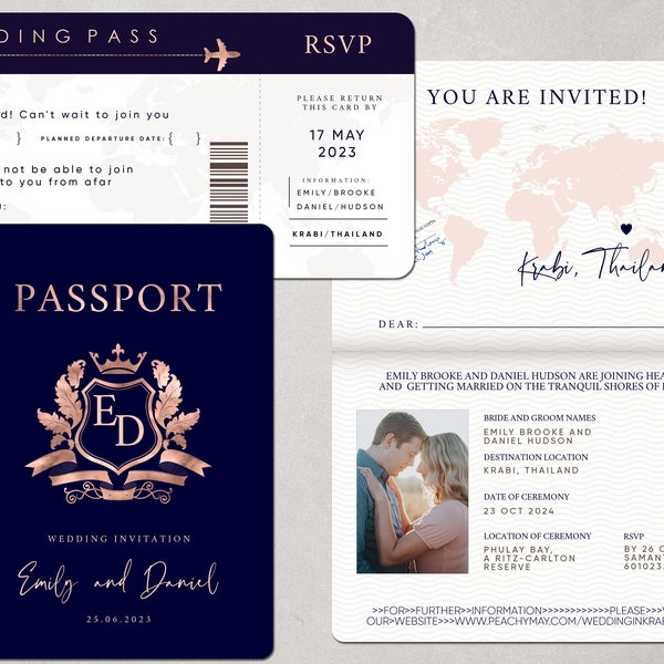 Pass-Hochzeitseinladungs-Vorlage-Reihe, Faux Rose Gold Passport-Hochzeitseinladung, moderne minimalistische Ziel-Einladungs-Vorlage A054 G