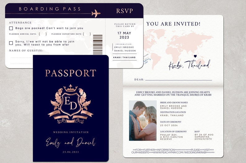 Pass-Hochzeitseinladungs-Vorlage-Reihe, Faux Rose Gold Passport-Hochzeitseinladung, moderne minimalistische Ziel-Einladungs-Vorlage A054 G Bild 1