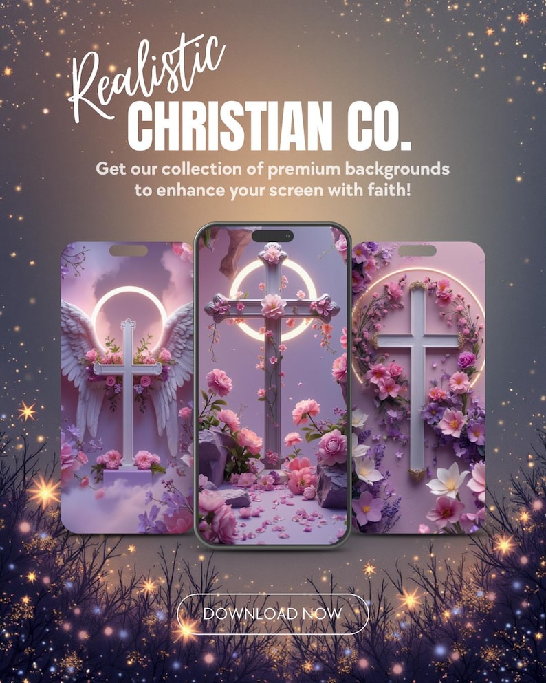 K&ouml;nnte beinhalten: Werbung f&uuml;r "Realistic Christian Co." mit drei Telefonbildschirmen, die christliche Hintergr&uuml;nde zeigen. Die Hintergr&uuml;nde zeigen Kreuze, Blumen und Engelsfl&uuml;gel in Pastellt&ouml;nen. Der Text "DOWNLOAD NOW" ist unten sichtbar.