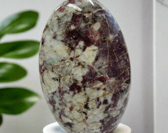 May include: A polished, oval-shaped gemstone with a mix of colors. The stone features a base of light gray and white, with veins and patches of deep burgundy and hints of green. It sits on a white pedestal, showcasing its natural beauty.
