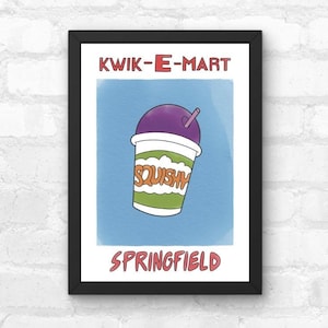 Puede incluir: Impresión enmarcada con una ilustración de dibujos animados de una bebida 'Squishy' en un vaso con tapa morada y pajita. La imagen está sobre un fondo azul claro, con las palabras 'Kwik-E-Mart' y 'Springfield' arriba y abajo.