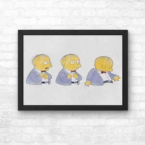 Puede incluir: Impresión enmarcada que presenta un personaje de dibujos animados en tres poses secuenciales, cada una mostrando una expresión diferente. El personaje, con cabello rubio y un traje azul, se muestra con una pajarita y una gama de emociones, desde la preocupación hasta la angustia.