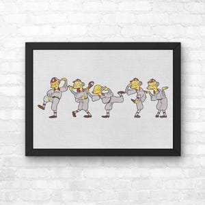 May include: A framed print showing a cartoon image of characters in baseball uniforms. The characters are in baseball poses, with a light grey and red colour scheme. The artwork is set against a white background, and the frame is black.