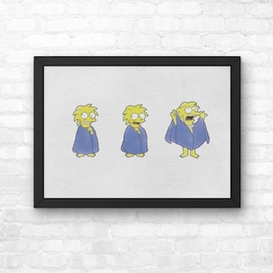 Puede incluir: Obra de arte enmarcada que presenta tres ilustraciones secuenciales de un personaje de dibujos animados con una túnica azul. El personaje tiene el pelo amarillo y se representa en varias etapas de sorpresa. La obra está sobre un fondo blanco.