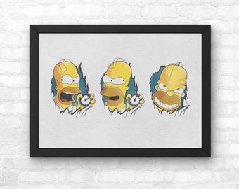 May include: Framed artwork featuring three sequential illustrations of Homer Simpson's face, each depicting a different expression. The yellow-skinned character is shown with a clock in his hand, set against a white background.