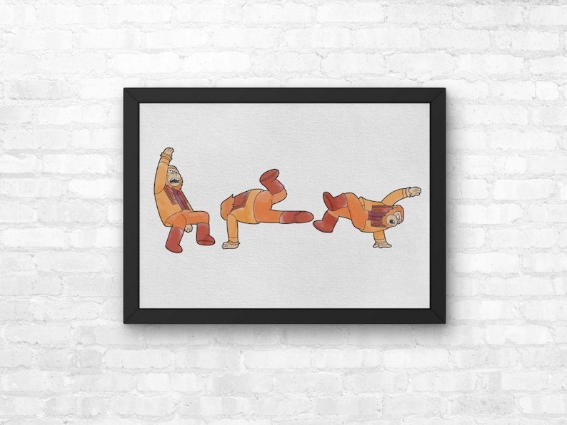 A black framed print showing The Simpsons character from the Planet of the Apes Musical in a sequence of poses, illustrating them breakdancing.