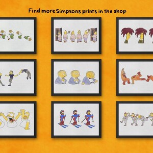 Nine framed prints showcasing scenes and characters from The Simpsons cartoon series. The prints feature characters like Homer, Bart, and Sideshow Bob. The text "Find more Simpsons prints in the shop" is visible at the top.