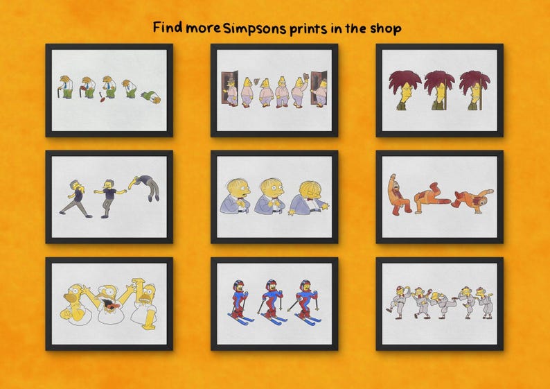 Nine framed prints showcasing scenes and characters from The Simpsons cartoon series. The prints feature characters like Homer, Bart, and Sideshow Bob. The text "Find more Simpsons prints in the shop" is visible at the top.
