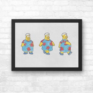 May include: Framed artwork featuring three sequential illustrations of a yellow cartoon character in a blue floral shirt, white hat, and blue shoes. The character is walking, with each image showing a different stage of the walk. The artwork is framed in a black frame.