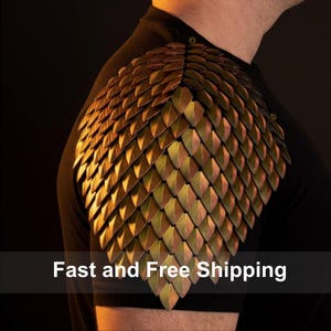 May include: A shoulder pauldron featuring overlapping, leaf-shaped scales in a metallic iridescent finish that shifts between shades of bronze, gold, and green. The armor piece is attached to a plain black short-sleeved shirt, creating a layered look.