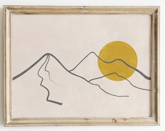 Horizontal wall art, Abstract landscape line art, Mustard yellow sun on neutral background,  Minimalist mountain wall art print