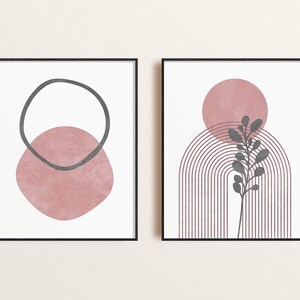 Blush pink wall art set of 2 prints, Mid Century modern art prints, Abstract rainbow and floral wall art, Boho printable art