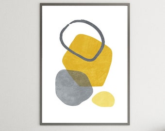 Minimalist yellow wall art, Mid century modern art, Mustard yellow and gray print, Geometric shapes printable wall art