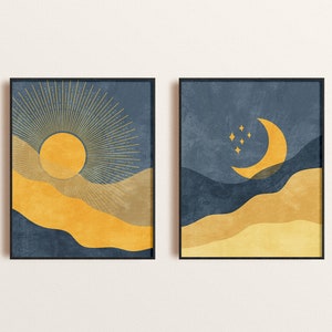 Sun and moon wall art set of 2 prints, Navy blue and mustard yellow, Boho wall decor, Modern printable wall art, Abstract landscape