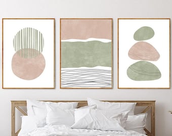 Mid Century modern art set of 3 prints, Abstract wall art Sage green and blush pink wall art, Geometric shapes printable art