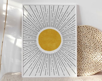 Sun wall art, Mustard yellow art print, Abstract rising sun art, Modern boho art, Minimalist printable wall decor
