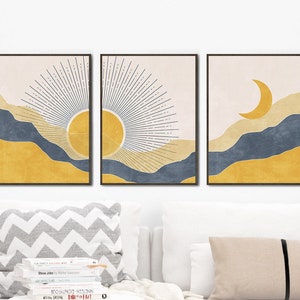 Boho sun and moon prints 3 piece wall art, Modern wall art, Navy blue and mustard yellow art set, Abstract mountains print, Above bed decor