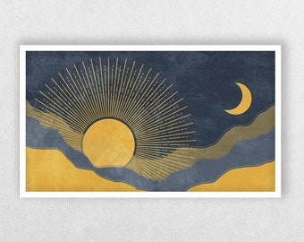 Samsung frame TV art, Boho sun and moon art for Samsung frame TV, Modern mustard yellow and navy blue artwork for TV