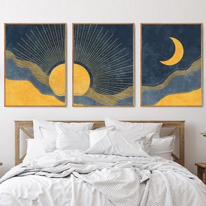 Sun and moon wall art set of 3 prints, Modern boho wall art, Navy blue and mustard yellow art, Abstract mountains print