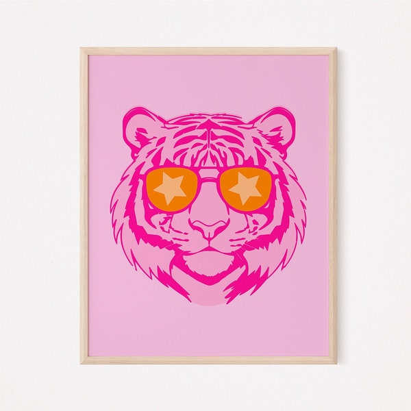 Pink tiger wall art, Preppy wall art, Orange and pink maximalist wall art,  Trendy dorm room decor,  Preppy aesthetic Printable