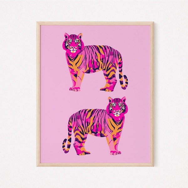 Tiger wall art, Preppy wall art, Orange and pink wall art, Trendy college dorm decor, Preppy aesthetic print, Printable