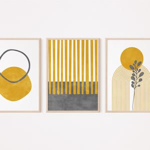 Mid century wall art set of 3 prints, Mustard and grey Geometric abstract wall art, Trendy yellow wall art, Modern floral printable art