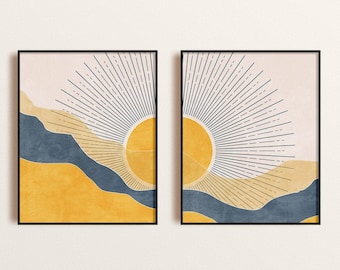 Yellow sun art set of 2 prints, Navy blue and mustard yellow wall art, Modern boho wall art Above bed decor, Abstract landscape print