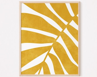 Abstract yellow wall art, Boho floral mustard wall art, Leaf minimalist print, Mid century modern printable wall art
