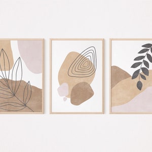 Japandi art set of 3 prints, Neutral wall art, Beige 3 piece wall art, Abstract geometric and  floral line art, Boho decor Printable