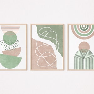 Mid century modern wall art set of 3 prints, Blush pink and sage green wall art, Boho rainbow print, Abstract geometric wall art