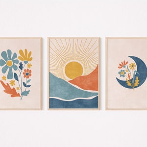 Modern Boho Wall Art Set of 3 Prints, Sun and Moon Wall Art, Terracotta ...