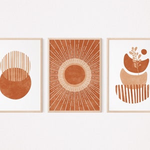 Mid century modern wall art set of 3 prints, Burnt orange 3 piece wall art, Terracotta geometric wall art, Boho sun wall decor printable
