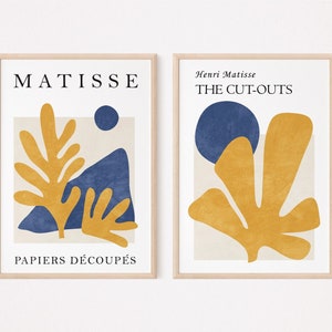 Matisse print set of 2, Abstract floral trendy wall art, Matisse cut outs, Blue mustard yellow wall art, Modern exhibition poster Printable