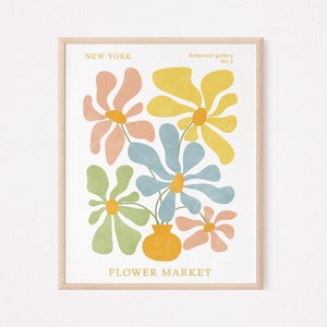Flower market print, Yellow, green and blue wall art, Abstract flowers in vase, Boho floral, Exhibition poster Printable