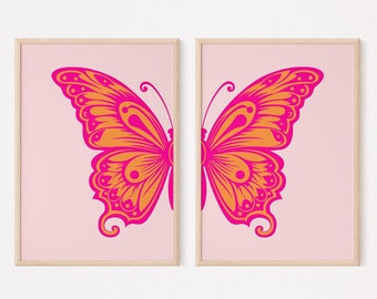 Preppy wall art set of 2 prints, Orange and pink wall art, Split butterfly wall art, Trendy girly room decor, Digital download