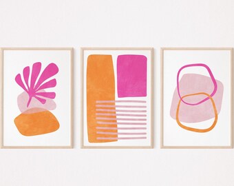 Mid century modern wall art set of 3 prints, Abstract geometric shapes wall art, Orange and hot pink wall art, Trendy wall art Printable